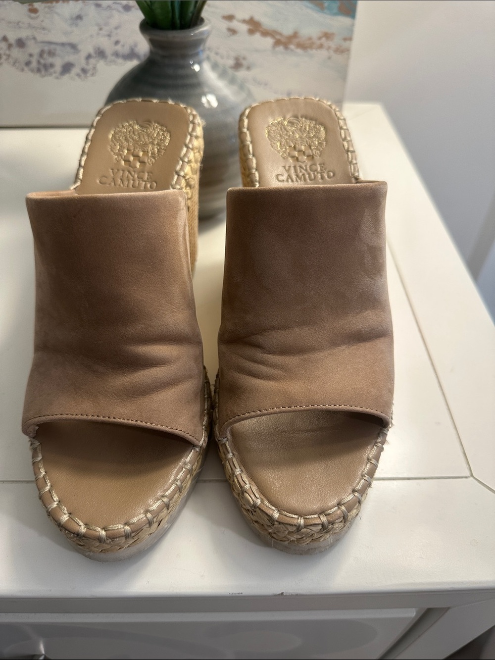 Vince Camuto Brissia Taupe Suede Espadrille Wedge Mule - Picture 2 of 5